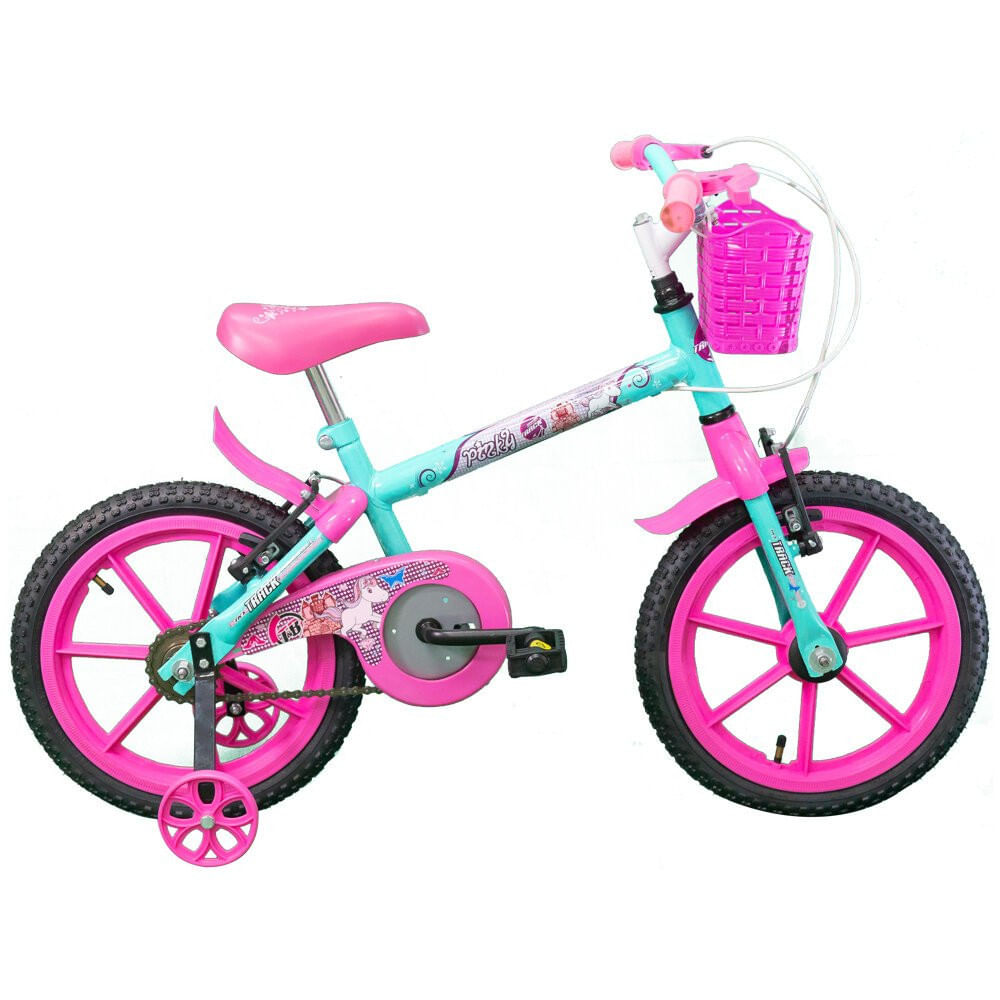 Encontraproduto.com.br - Bicicleta Infantil Pinky Aro 16 Rodinhas Laterais Track E Bike Azul/rosa
