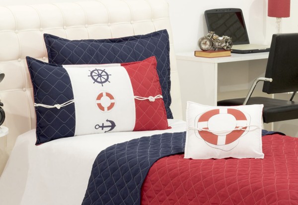 Encontraproduto.com.br - Cobreleito Maritimo Solteiro Dupla Face Azul E Vermelho 03 Pçs
