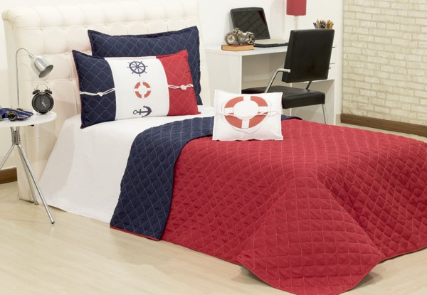 Encontraproduto.com.br - Cobreleito Maritimo Solteiro Dupla Face Azul E Vermelho 03 Pçs