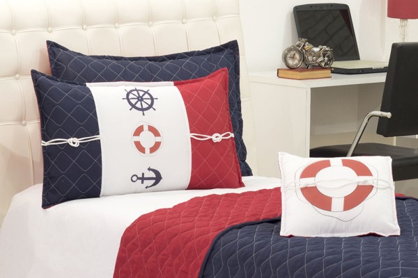 Encontraproduto.com.br - Cobreleito Maritimo Solteiro Dupla Face Azul E Vermelho 03 Pçs