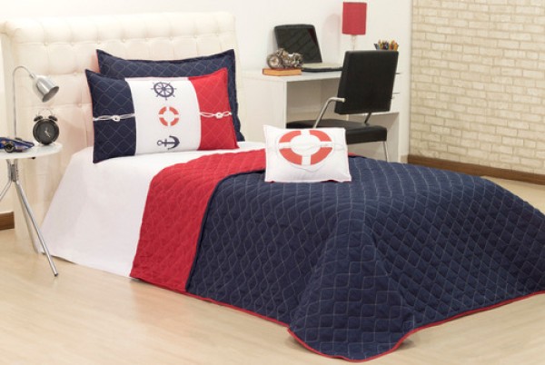 Encontraproduto.com.br - Cobreleito Maritimo Solteiro Dupla Face Azul E Vermelho 03 Pçs