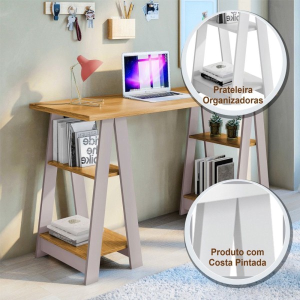 Encontraproduto.com.br - Escrivaninha Vigor Candian com prateleiras - Cinamomo/Off White