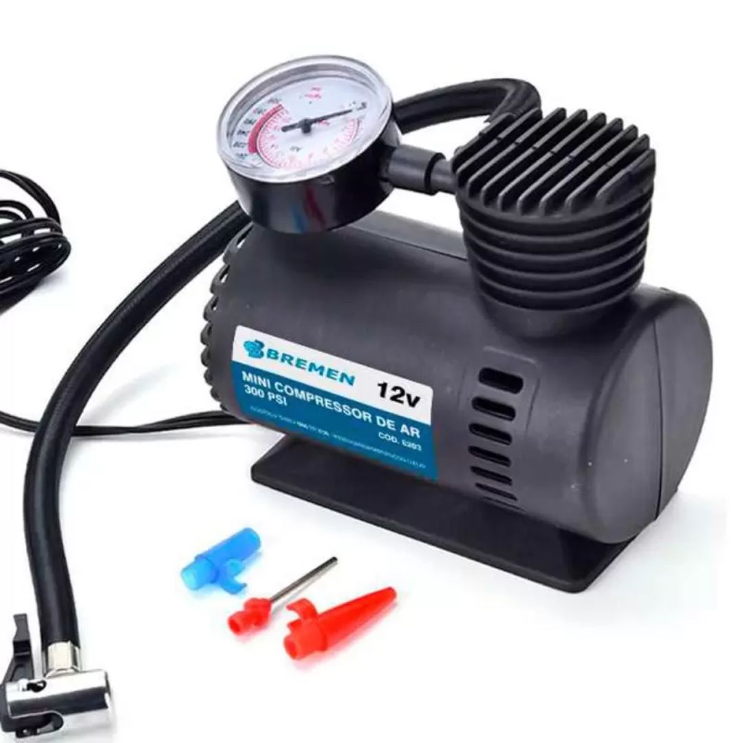 Compressor De Ar Multiuso Portátil 300 Psi 12v Com 3 Adaptadores Carro Moto Bola Balão Boia