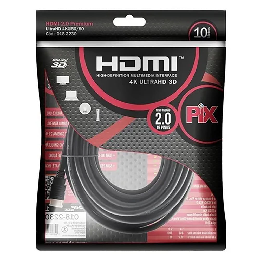 Cabo HDMI Gold 2.0 19 Pinos 4K Ultra HD 10 metros  018-2230 - PIX