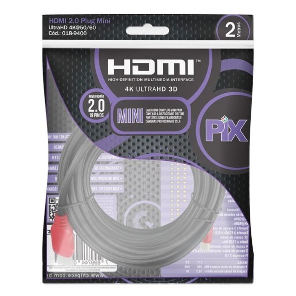 Encontraproduto.com.br - Cabo Mini Hdmi X Hdmi 2 0 4k Hdr 2 Metros Pix 018 9400