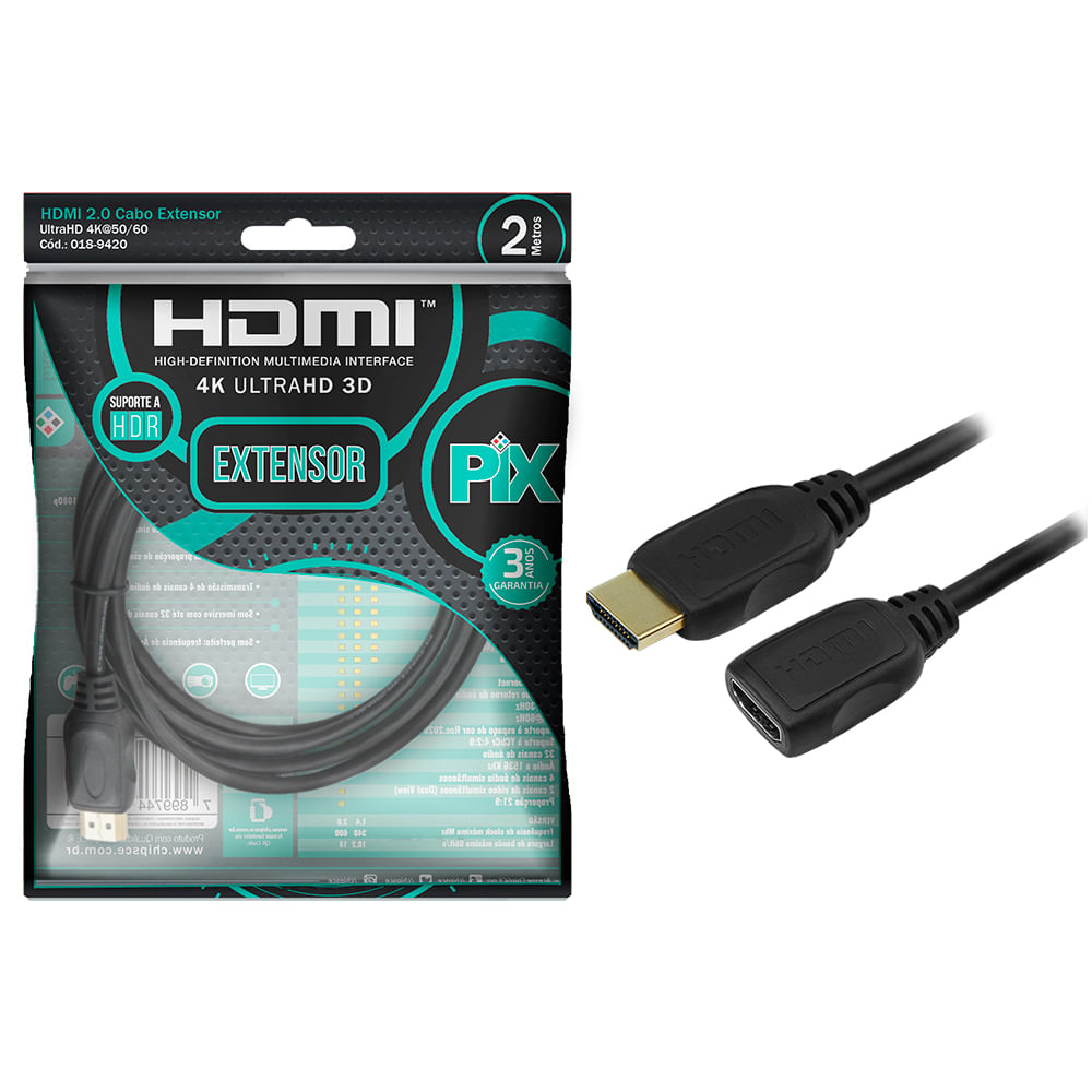 Encontraproduto.com.br - Cabo Pix HDMI Extensor - HDMI Macho X HDMI Fêmea 4K HDR 19P 2 Metros 220V