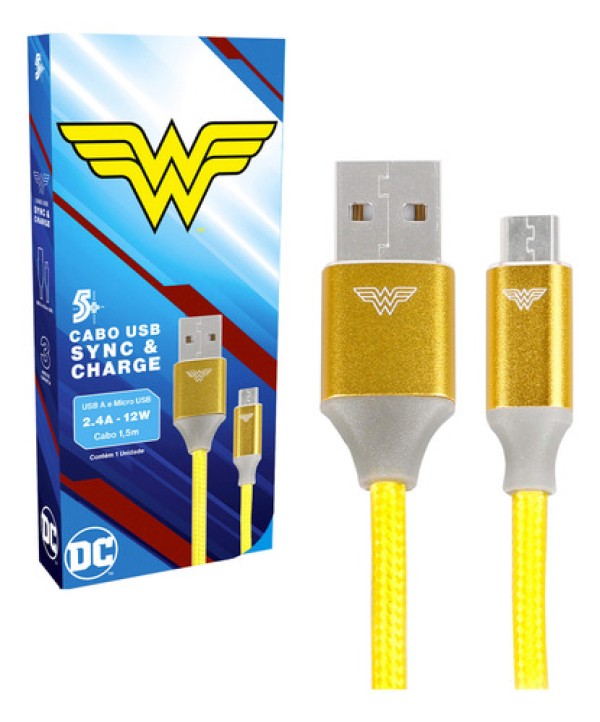 Cabo Carregador Turbo 1,5m USB-A Para Micro USB Mulher Maravilha