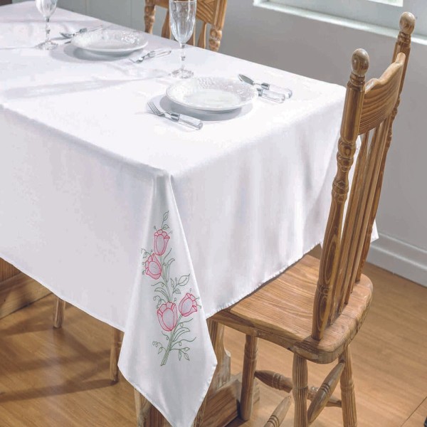Encontraproduto.com.br - Toalha de Mesa Retangular 6 Lugares Primavera Branco e Pink Guga Tapetes