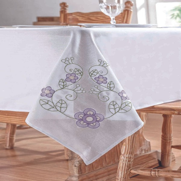 Encontraproduto.com.br - Toalha de Mesa Retangular 8 Lugares Dália Branco e Lilás Guga Tapetes