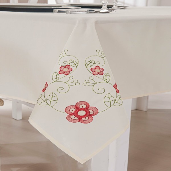 Encontraproduto.com.br - Toalha de Mesa Retangular 8 Lugares Dália Palha e Vermelho Guga Tapetes