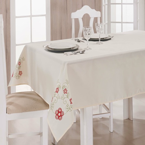 Encontraproduto.com.br - Toalha de Mesa Retangular 8 Lugares Dália Palha e Vermelho Guga Tapetes