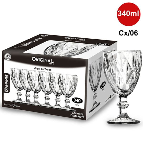 Taça de Vidro para Água 340ml Diamante Caixa com 6 Unidades SL0826