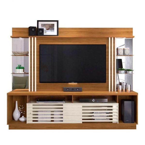 Estante Home Theater Para Tv Até 55 Pol. Frizz Gold 2 Portas - Madetec Naturale/Off White