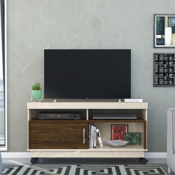 Rack Para Sala Artur Para Tv Até 50 Polegadas Com Rodízios 1 Porta Off White E Savana Madetec Móveis