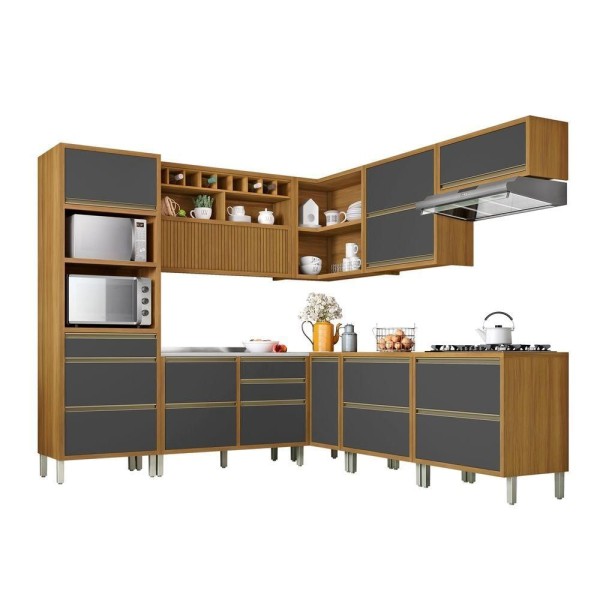 Cozinha 9 Peças ângulo Torre Quente 100% Mdf Baronesa Nesher Freijó-grafite