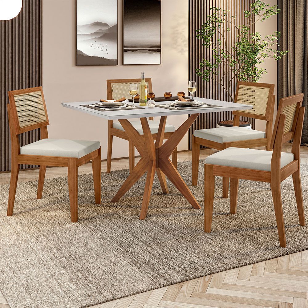 Encontraproduto.com.br - Conjunto Sala De Jantar Mesa Donna Com 4 Cadeiras Rainha Nesher Móveis Mel Natural-off White