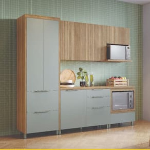 Cozinha Completa em MDF Nesher Paris Ripada com 260 cm de Largura, 6 Portas, 6 Gavetas e 10 Prateleiras - Verde/Nature