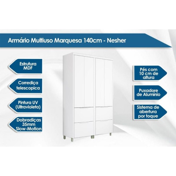 Encontraproduto.com.br - Armário Multiuso Lavanderia Marquesa Com 4 Portas E 4 Gavetas 140cm Branca Nesher