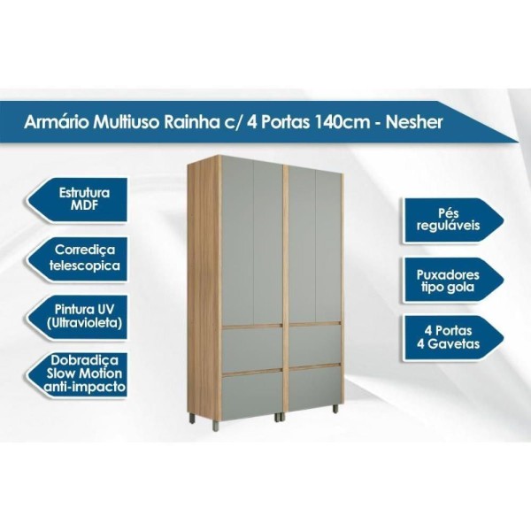 Encontraproduto.com.br - Armário Multiuso Lavanderia Rainha Com 4 Portas E 4 Gavetas 140cm Branca Nesher