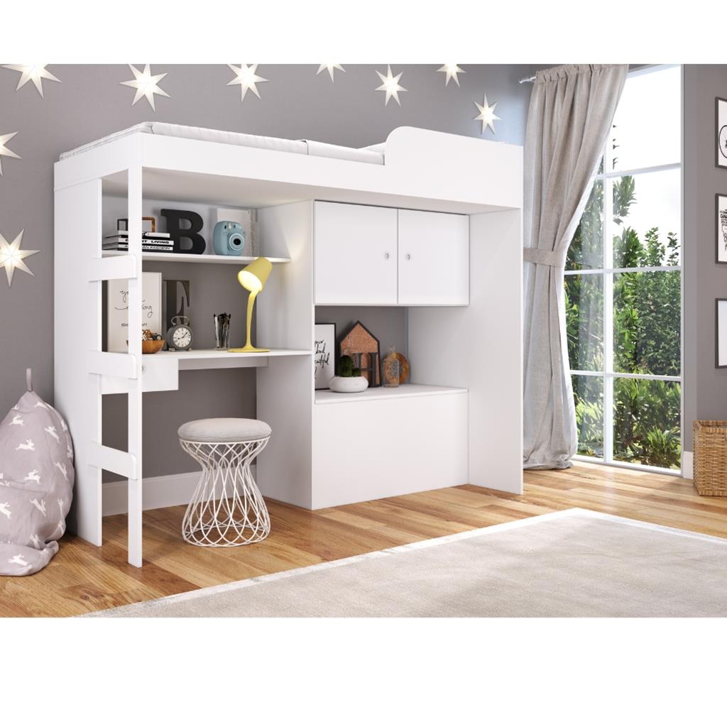 Encontraproduto.com.br - Cama Infantil Alta Multifuncional 2 Portas com Baú Lion Art in Moveis