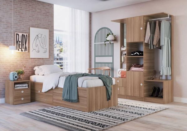 Quarto Juvenil com Cama , Guarda roupas e Mesa de Cabeceira 80 Tókio Montana