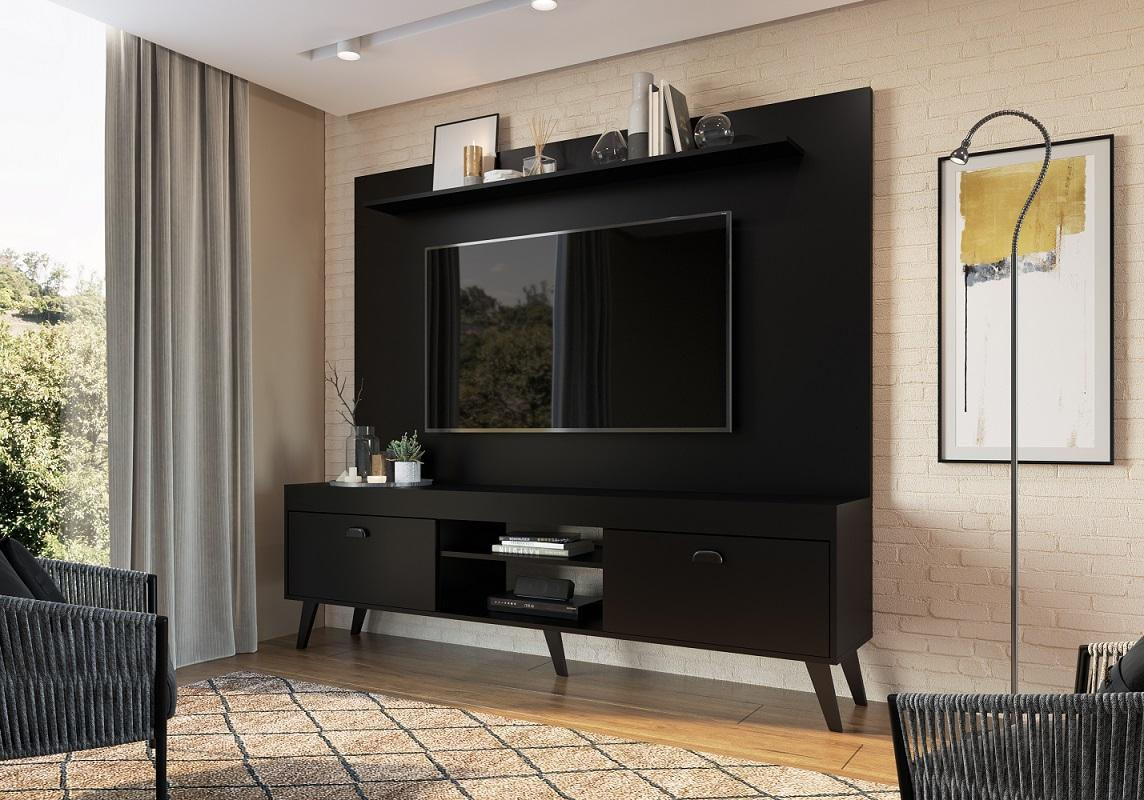 Conjunto Home Theater Rack e Painel Setubal Preto- Art In Moveis