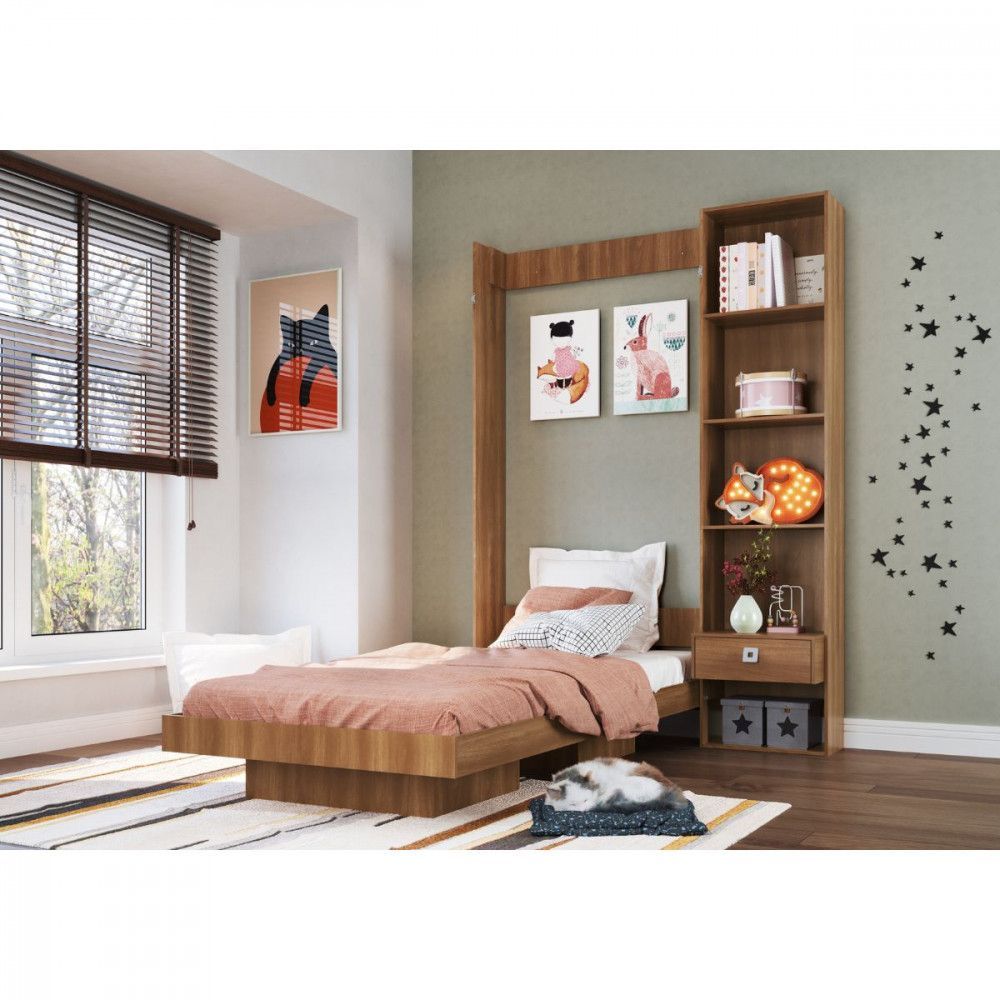 Encontraproduto.com.br - Cama Articulável Vertical Solteiro Com Estante Vancouver Nogal