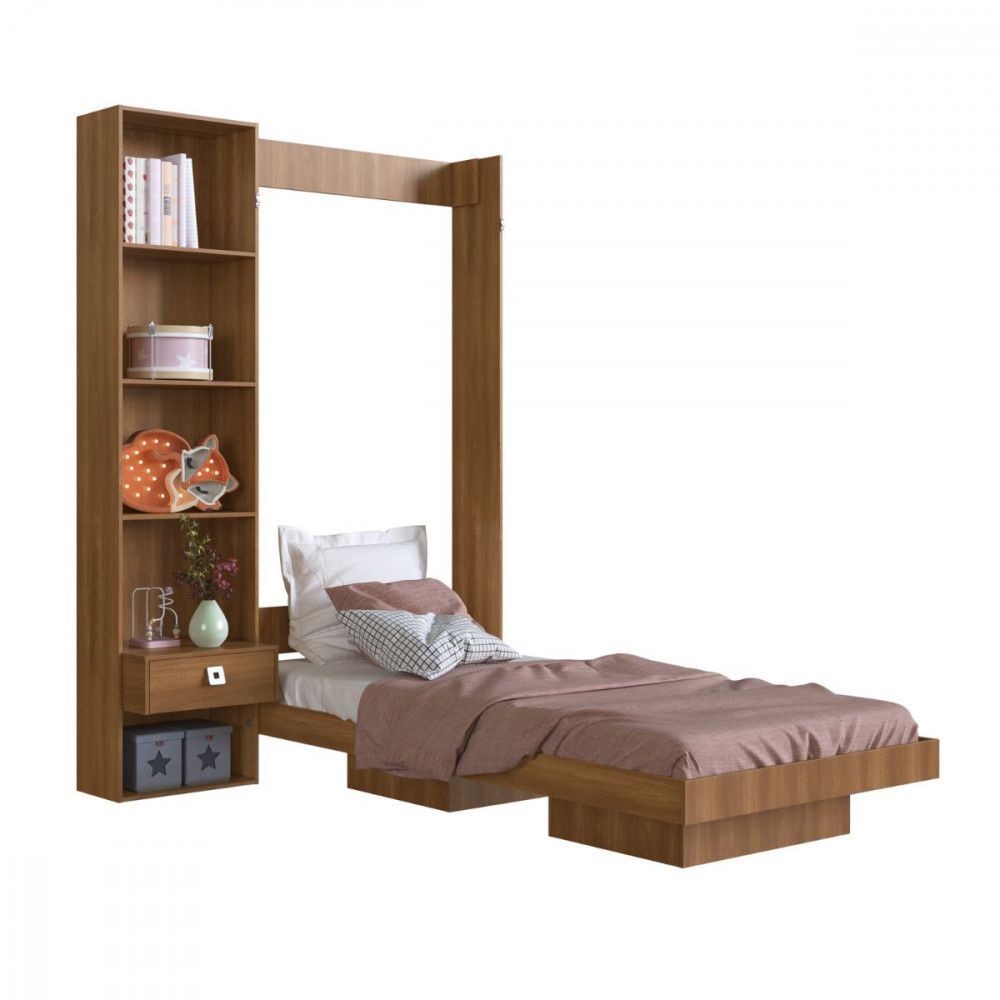 Encontraproduto.com.br - Cama Articulável Vertical Solteiro Com Estante Vancouver Nogal