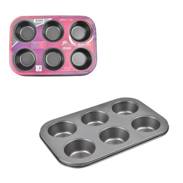 Encontraproduto.com.br - Forma para 6 Cupcakes Em Aço Carbono com antiaderente 26 x 18 x 3 Cm