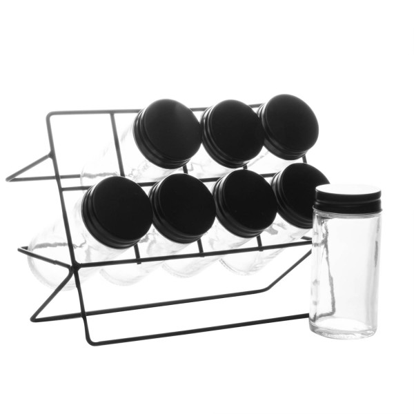 Encontraproduto.com.br - Conjunto 8 Potes de Vidro para Temperos e Suporte em Metal Preto - Lyor