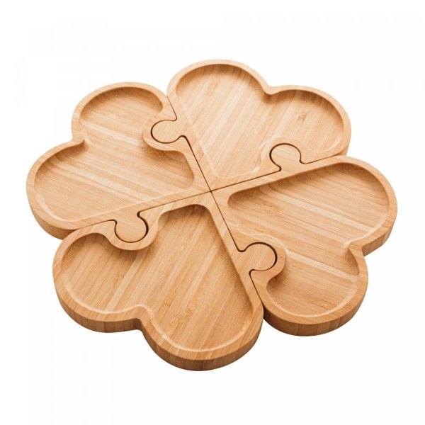 Encontraproduto.com.br - Petisqueira de Bambu com 4 Divisórias Heart Quebra-Cabeças 26cm x 26cm x 1,5cm - Lyor