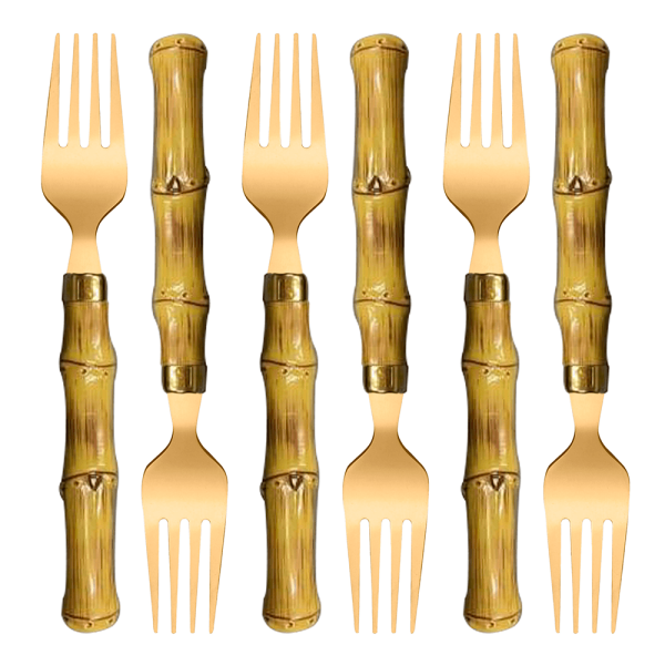 Conjunto de Garfos de Mesa Lyor 6 Peças, em Aço Inox Dourado com Cabo Plástico Bambu - 1794