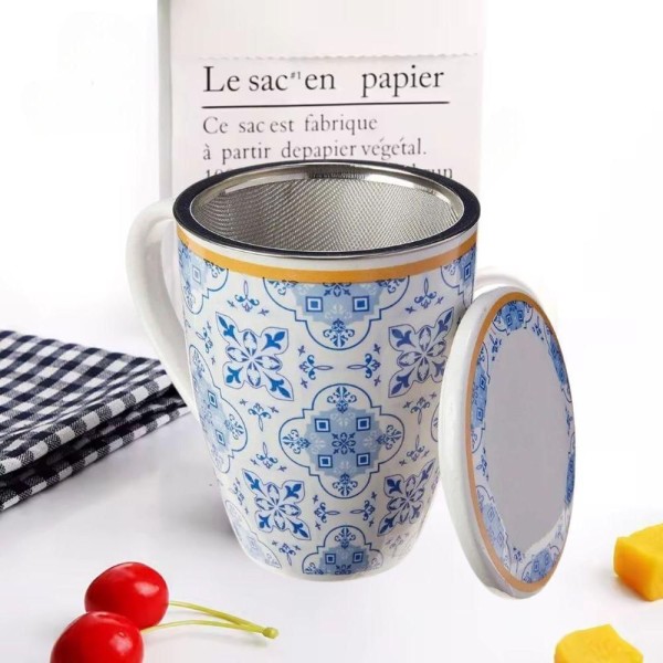 Encontraproduto.com.br - Xícara Caneca de Porcelana para Chá 310ml com Tampa e Infuso