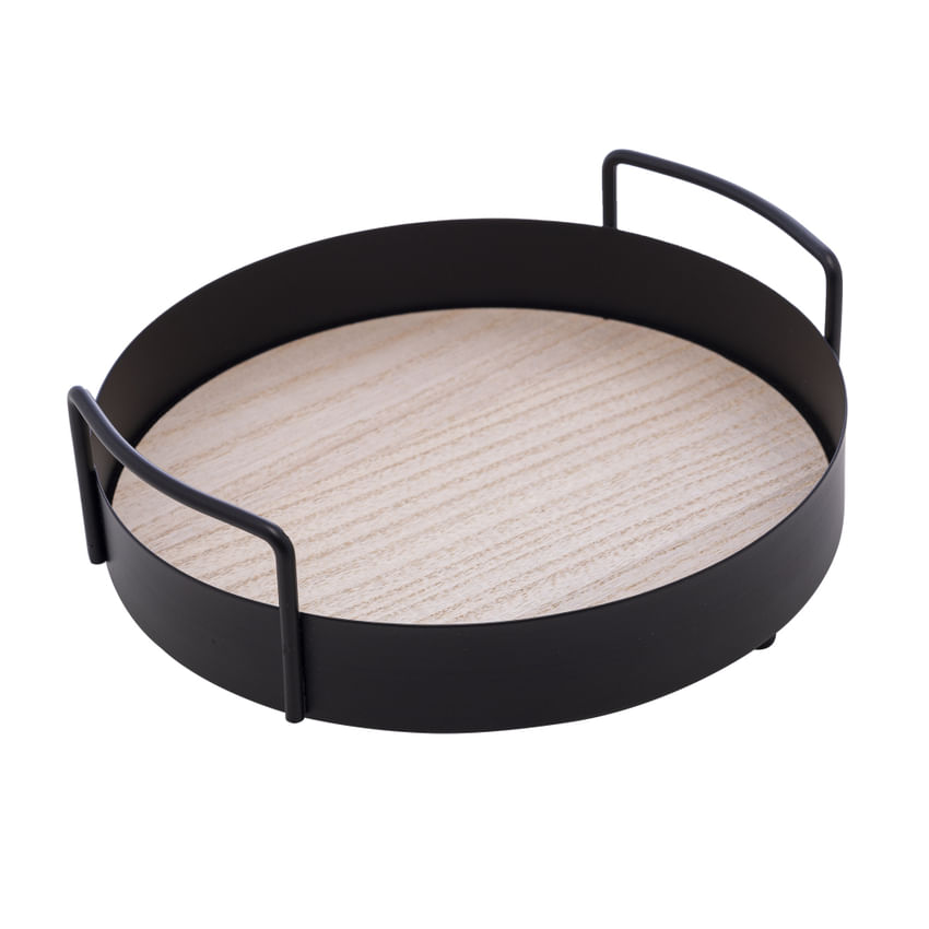 Encontraproduto.com.br - Bandeja Redonda Metal/MDF com Alça 20x6cm Preto Lyor