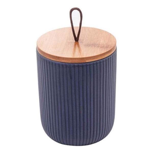 Potiche de Cerâmica com Tampa de Bambu e Pegador de Corda Lines Azul Marinho 10cm x 12,5cm - Lyor