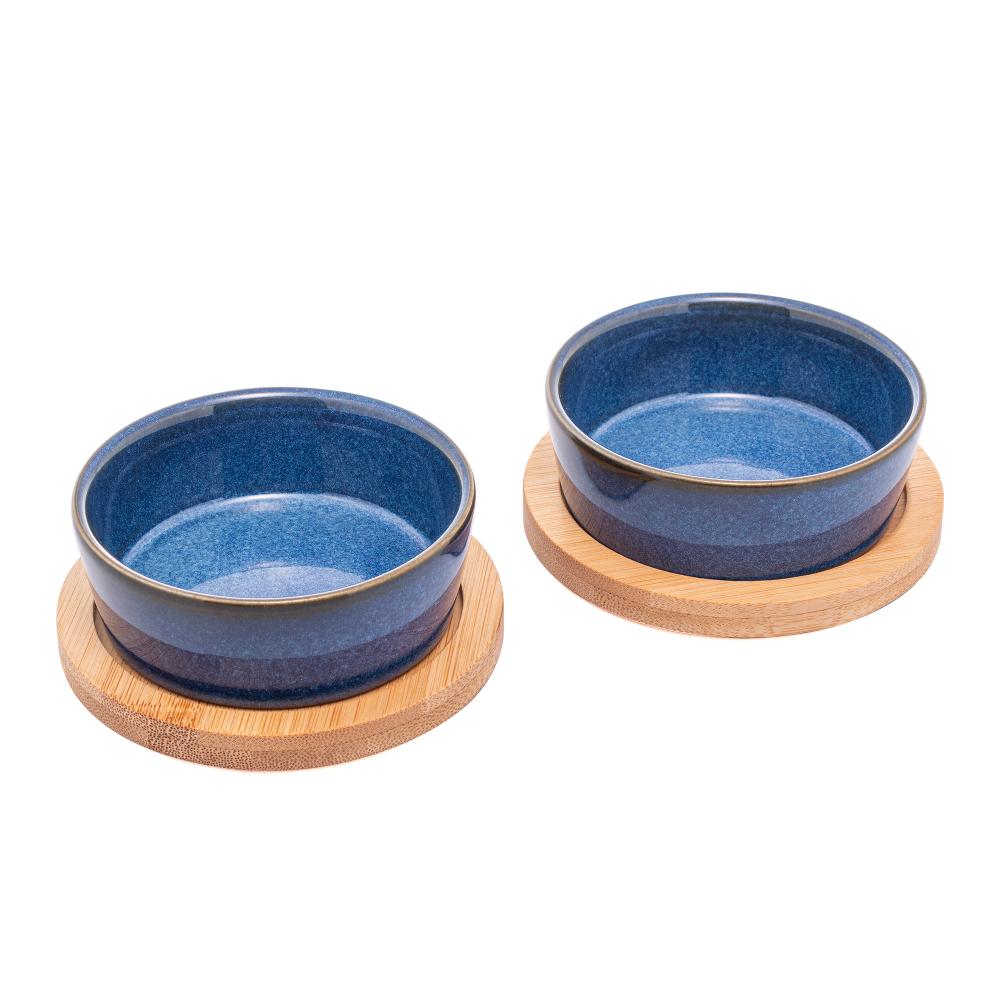 Encontraproduto.com.br - Conjunto 2 Petisqueiras de Cerâmica com 2 Bandejas de Bambu 20cm x 10cm x 3,5cm - Lyor