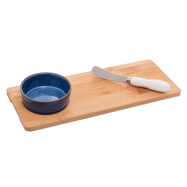Conjunto Petisqueira de Cerâmica com Bandeja de Bambu e Espátula 30cm x 12cm x 5cm - Lyor
