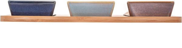 Encontraproduto.com.br - Conjunto 3 Petisqueiras de Cerâmica com Bandeja de Bambu 31cm x 14,5cm x 3,5cm - Lyor