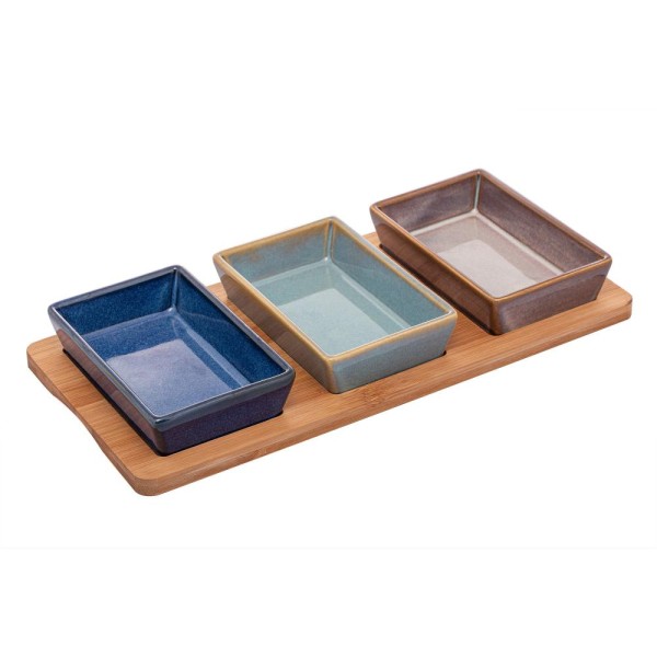 Encontraproduto.com.br - Conjunto 3 Petisqueiras de Cerâmica com Bandeja de Bambu 31cm x 14,5cm x 3,5cm - Lyor