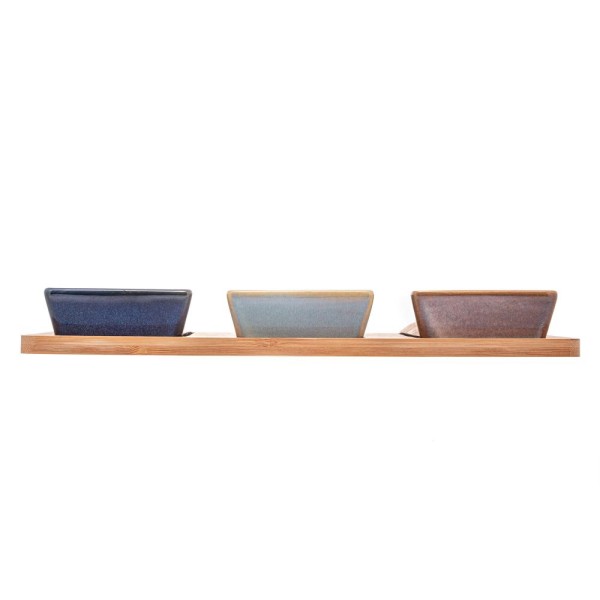 Encontraproduto.com.br - Conjunto 3 Petisqueiras de Cerâmica com Bandeja de Bambu 31cm x 14,5cm x 3,5cm - Lyor