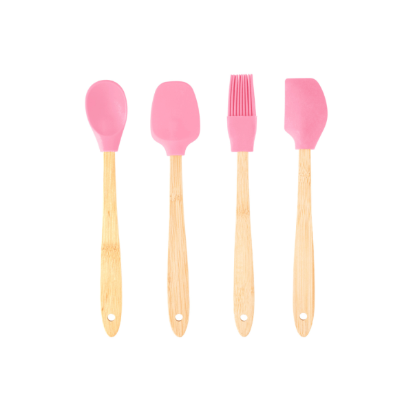 Encontraproduto.com.br - Jogo 4 Utensílios de Silicone com Cabo de Bambu Rosa