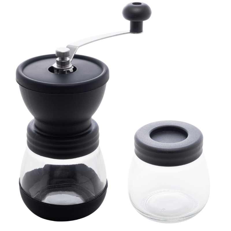 Encontraproduto.com.br - Moedor de Café Manual em Aço Inox com Pote de Vidro Preto 20cm