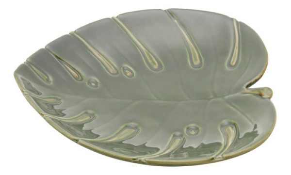 Travessa Folha Decorativa de Cerâmica Costela De Adão Leaf Verde 22 cm