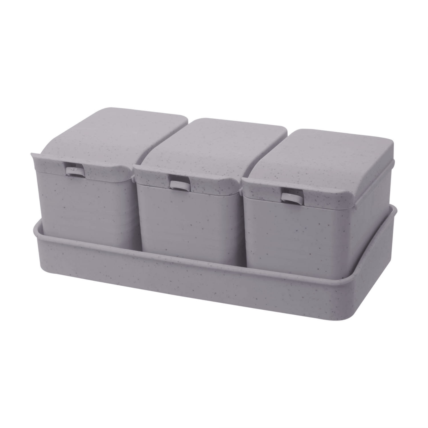 Encontraproduto.com.br - Kit 3 Porta Temperos De Bambu C/colher E Bandeja Lines Cinza