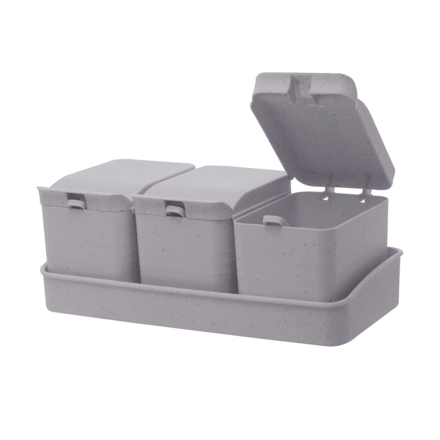 Encontraproduto.com.br - Kit 3 Porta Temperos De Bambu C/colher E Bandeja Lines Cinza