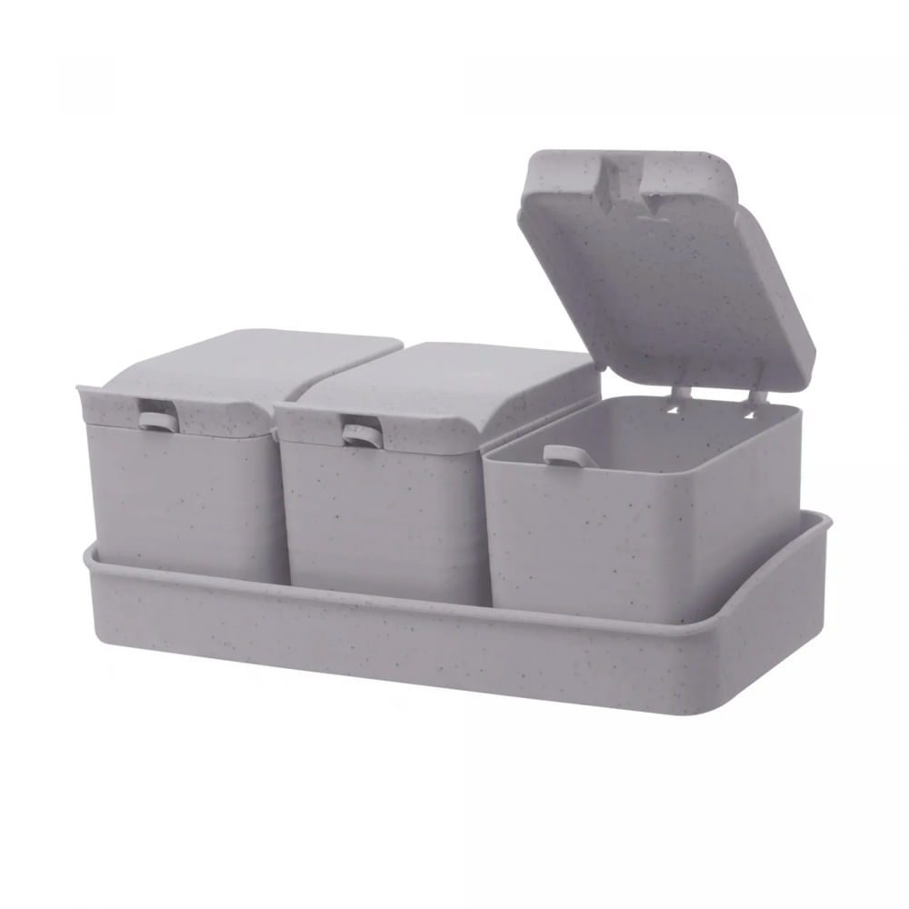 Encontraproduto.com.br - Kit 3 Porta Temperos De Bambu C/colher E Bandeja Lines Cinza