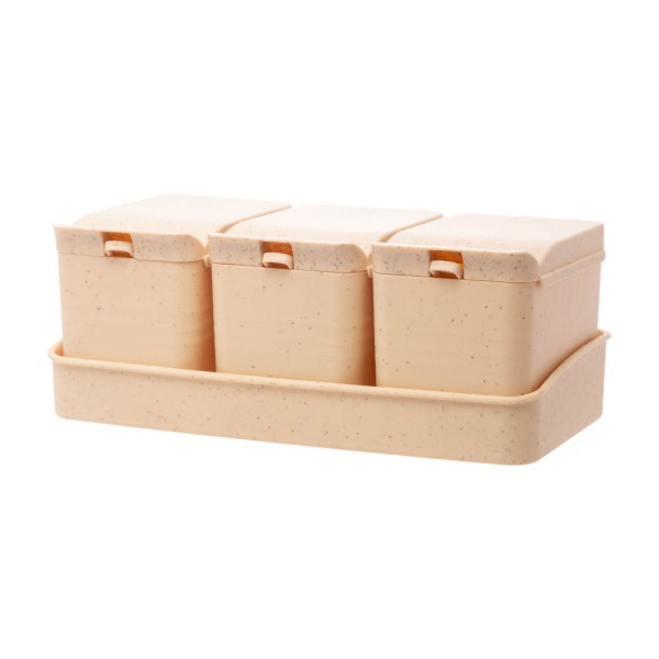 Encontraproduto.com.br - Kit 3 Porta Temperos E Colher E Bandeja Lines Bege 10X18X7Cm