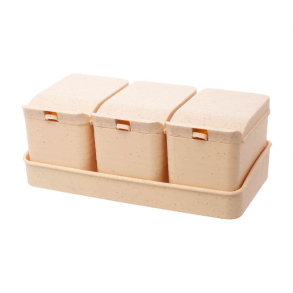 Encontraproduto.com.br - Kit 3 Porta Temperos E Colher E Bandeja Lines Bege 10X18X7Cm