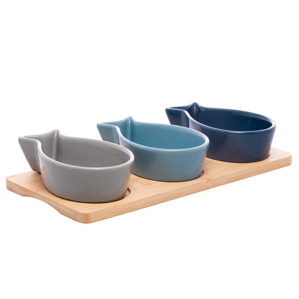 Conjunto 3 Petisqueiras com Bandeja de Bambu 25cm x 12cm x 4cm - Lyor