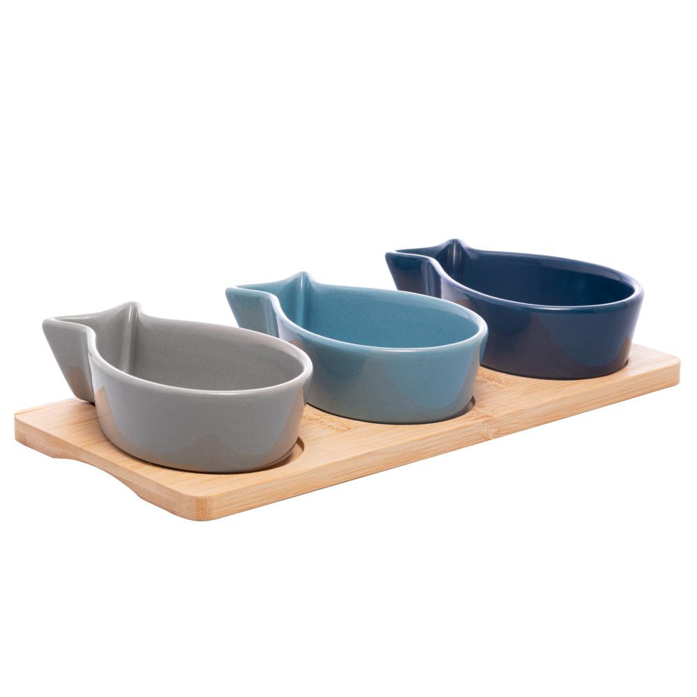 Encontraproduto.com.br - Conjunto 3 Petisqueiras com Bandeja de Bambu 25cm x 12cm x 4cm - Lyor